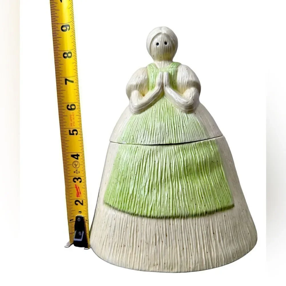 Vintage Ceramic Cookie Jar Woman Praying Hands Mint Green Apron 9